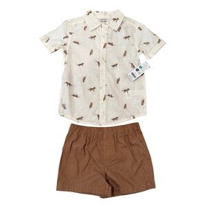 Carter’s 3T Boys’s Button Down Shirt & Shorts Set Outfit Cream & Brown Dogs  *T4